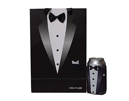 Collins & Co. Groomsmen Gifts Groomsman Proposal Wedding Party Box Set - Flask Set In Wooden Box, Coozie, 80s Retro Sunglasses, Cocktail Straw, Real Bow Tie & Hankerchief Tuxedo Gift Bag