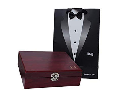 Collins & Co. Groomsmen Gifts Groomsman Proposal Wedding Party Box Set - Flask Set In Wooden Box, Coozie, 80s Retro Sunglasses, Cocktail Straw, Real Bow Tie & Hankerchief Tuxedo Gift Bag