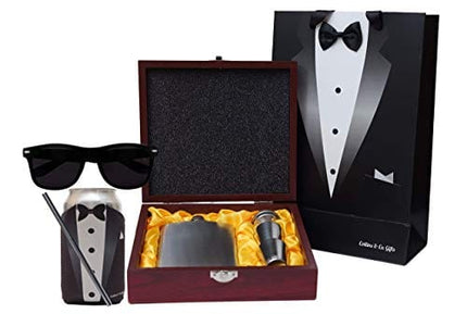 Collins & Co. Groomsmen Gifts Groomsman Proposal Wedding Party Box Set - Flask Set In Wooden Box, Coozie, 80s Retro Sunglasses, Cocktail Straw, Real Bow Tie & Hankerchief Tuxedo Gift Bag
