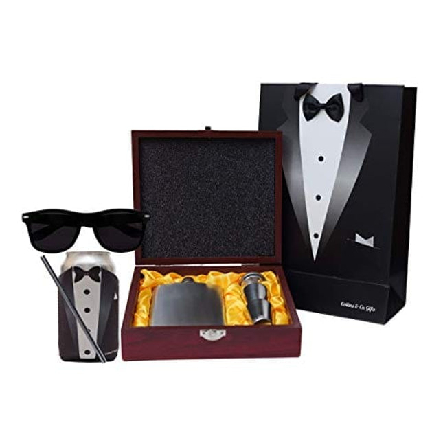 Collins & Co. Groomsmen Gifts Groomsman Proposal Wedding Party Box Set - Flask Set In Wooden Box, Coozie, 80s Retro Sunglasses, Cocktail Straw, Real Bow Tie & Hankerchief Tuxedo Gift Bag