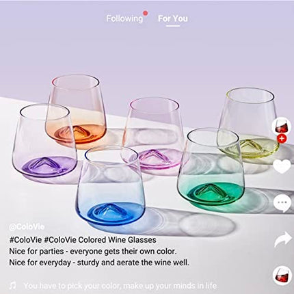 ColoVie Wine Glasses Set of 6,Colored, Stemless,Colorful Short Tumbler,Unique Glass Cups,Versatile Drinking Glasses,Multi-Color,Red White Wine,Cocktail,Gifts for Women,Birthday,Party,13.5oz