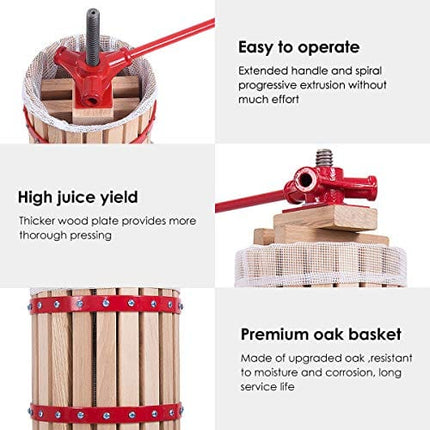 Costzon 1.6 Gallon Fruit and Wine Press, 6 Liter Solid Wood Basket Wine Making Press, Cider Apple Grape Crusher Juice Maker for Kitchen Home Outdoor