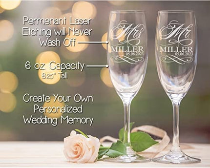 Mr and Mrs Champagne Wedding Glasses, Set of 2 Personalized Toasting Flutes, Engraved Mr and Mrs Wedding Toast Glass Flutes, Bride and Groom