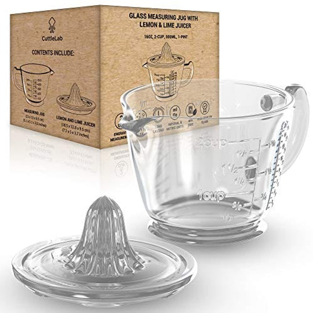 CuttleLab Glass Measuring 2-Cup with Lemon and Lime Juicer (2, Clear), Hand Juicer, Liquid Measuring Cups Manual Juicer, 2 Cup Measuring Cup, Ounce Measuring Cup, Citrus Reamer, Lemon Juicer Manual