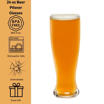 Unbreakable Pilsner Beer Glasses (Set of 4, 24 oz ea) - Reusable Shatterproof Tritan IPA & Craft Beer Glasses - Perfect Indoor Outdoor Drinking Cups for Parties - Great Father's Day & Wedding Gift