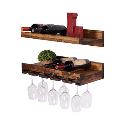 del Hutson Designs Luxe 24 Inch 2 Shelf Rustic Farmhouse Solid Natural Pine Wood Wall Mounted Stemware Rack and Wine Bottle Holder, Dark Walnut