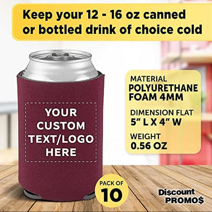 Can Coolers - 10 pack - Customizable Text, Logo - 4mm Collapsible Beer Holders To Keep Your Beer Cold - Insulated Cans Holder - Burgundy