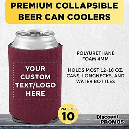 Can Coolers - 10 pack - Customizable Text, Logo - 4mm Collapsible Beer Holders To Keep Your Beer Cold - Insulated Cans Holder - Burgundy