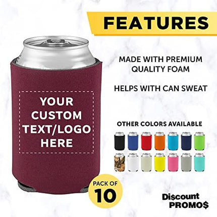 Can Coolers - 10 pack - Customizable Text, Logo - 4mm Collapsible Beer Holders To Keep Your Beer Cold - Insulated Cans Holder - Burgundy