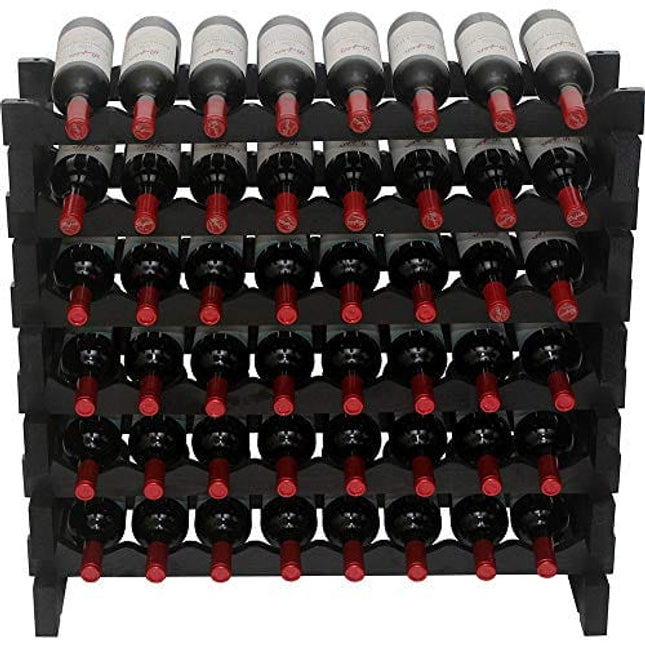 DisplayGifts Freestanding Stackable Storage Stand Display Shelves Wine Rack Wobble-Free 48 Bottle Capacity 8 X Rows, Pine Wood (Black Finish)