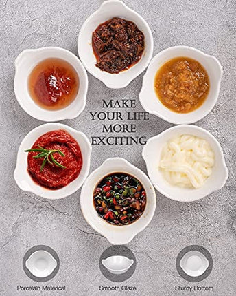 Dizada 2 oz Ceramic Dip Bowls Set, 6 Pack White Porcelain Mini Dipping Soy Sauce Dish Condiments Server Dishes- Perfect for Tomato Sauce, Soy, Vinegar, BBQ and Other Party Dinner