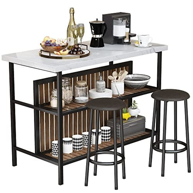 DKLGG 3 Piece Dinging Table Set, Faux Marble Dining Room Table Set with 2 Tier Storage Shelves, Bar Table Set with Bar Stools, Sturdy Kitchen Table with Storage for Restaurant, Living Room
