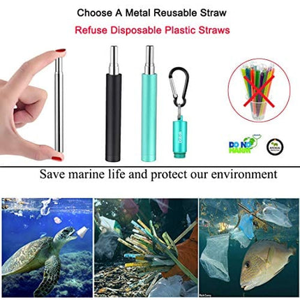 2 Pack Reusable Metal Straws Collapsible Stainless Steel Drinking Straw Travel Portable Telescopic Straw with Case,2 Cleaning Brushes Included Black/Turquoise