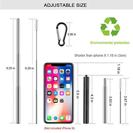 2 Pack Reusable Metal Straws Collapsible Stainless Steel Drinking Straw Travel Portable Telescopic Straw with Case,2 Cleaning Brushes Included Black/Turquoise