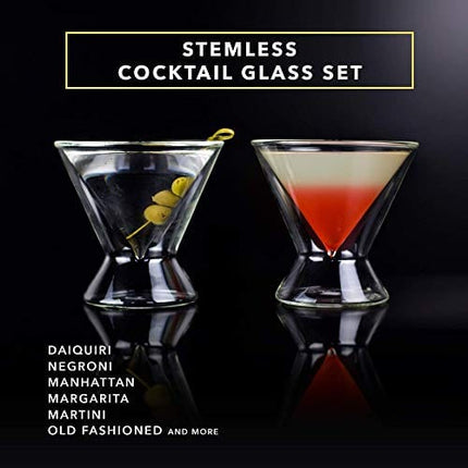 Dragon Glassware Martini Glasses, Stemless Clear Double Wall Insulated Cocktail Glass, Unique and Fun Gift for Espresso Martini Lovers, Keeps Drinks Cold Longer, 7 oz Capacity, Set of 2