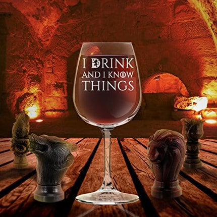 DU VINO I Drink and I Know Things Wine Glass - 12.75 oz - Funny Novelty Wine Glass - Humorous Present for Mom, Women, Friends, or Her - Made in USA - Inspired by GOT