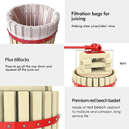 3.2 Gallon Fruit Wine Press - 100% Nature Apple&Grape&Berries Crusher Manual Juice Maker for Kitchen, Solid Wood Basket with 6 Blocks Heavy Duty Cider Wine Making Press