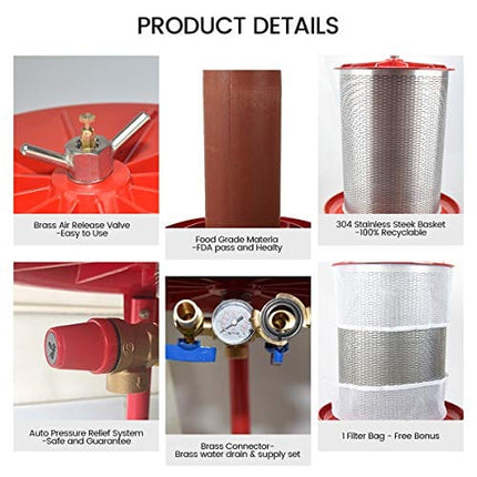 Hydraulic Fruit Wine Press - Electricity-Free/Water-powered Cider Wine Bladder Press, Natural Juice Making(5.3 Gallon, with Filter Bag/Splash Guard)