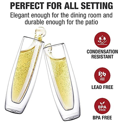 Eparé Stemless Champagne Flutes Glass - Set of 2 Double Wall Mimosa Glasses - Lightweight Stemless Champagne Glasses - Easy to Hold Bridesmaid Champagne Flute - Prosecco Glasses for Bridal Shower