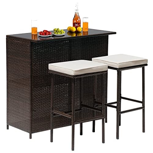 FDW Wicker Patio Furniture 3 Piece Patio Bar Table Set Chairs Wicker Outdoor Rattan Bistro Set Glass Top Table and Two Stools for Yard or Backyard