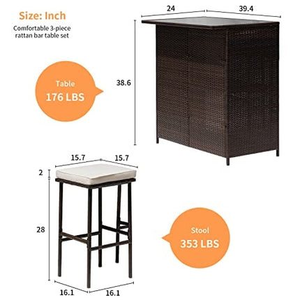 FDW Wicker Patio Furniture 3 Piece Patio Bar Table Set Chairs Wicker Outdoor Rattan Bistro Set Glass Top Table and Two Stools for Yard or Backyard