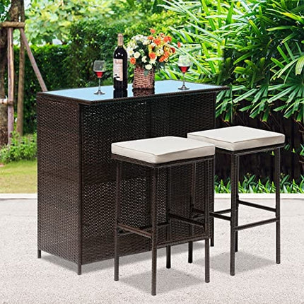 FDW Wicker Patio Furniture 3 Piece Patio Bar Table Set Chairs Wicker Outdoor Rattan Bistro Set Glass Top Table and Two Stools for Yard or Backyard
