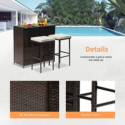 FDW Wicker Patio Furniture 3 Piece Patio Bar Table Set Chairs Wicker Outdoor Rattan Bistro Set Glass Top Table and Two Stools for Yard or Backyard