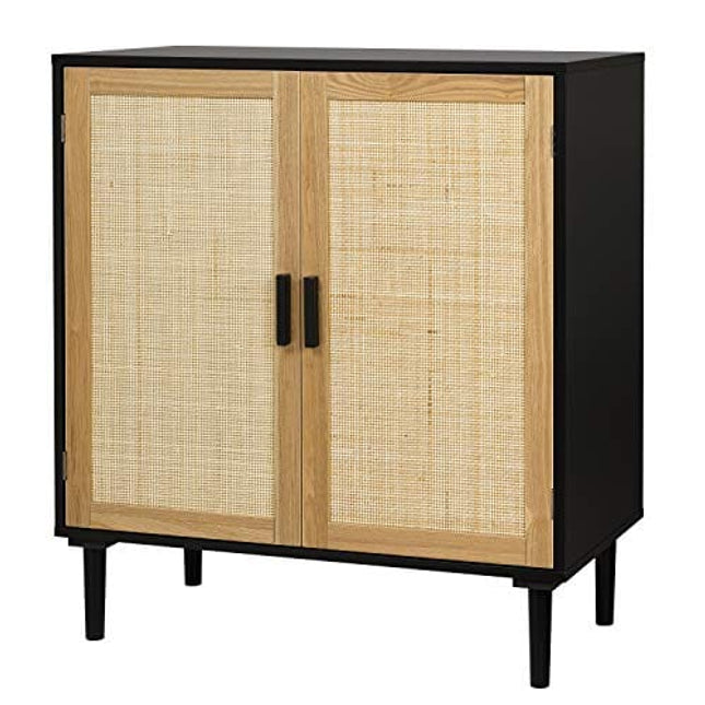 Finnhomy Sideboard Buffet Cabinet, Kitchen Storage Cabinet with Rattan Decorated Doors, Liquor Cabinet for Bar, Dining Room, Hallway, Cupboard Console Table, Accent Cabinet, 31.5X 15.8X 34.6 Inches