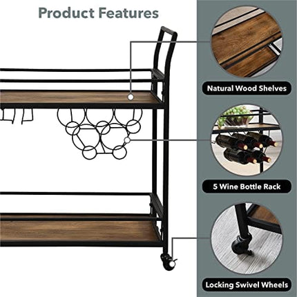 FirsTime & Co. Black and Brown Gardner Bar Cart, 2 Tier Mobile Mini Bar, Kitchen Serving Cart and Coffee Station with Storage for Wine and Glasses, Metal and Wood, Modern