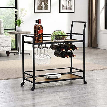 FirsTime & Co. Black and Brown Gardner Bar Cart, 2 Tier Mobile Mini Bar, Kitchen Serving Cart and Coffee Station with Storage for Wine and Glasses, Metal and Wood, Modern
