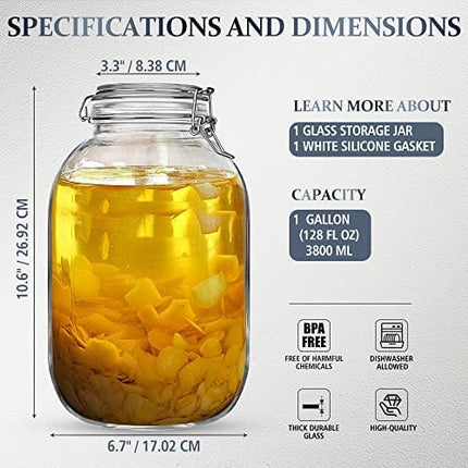Folinstall 1 Gallon Glass Jar with Lid, Big Pickle Jar with Airtight Lid, Large Mason Jar for Pickled Eggs, Clear Glass Storage Jar for Kombucha, Limoncello, Sun tea (Extra 1 Gasket)