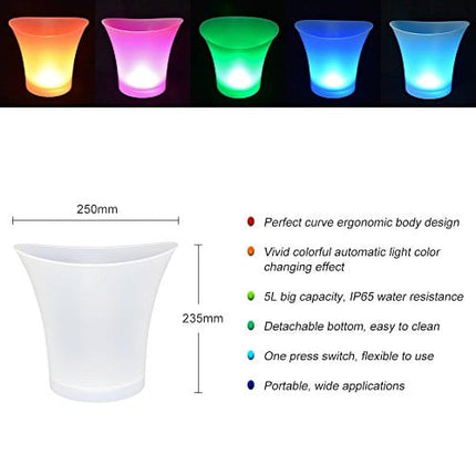 LED Ice Bucket 5L High Capacity Automatic 6 Colors Changing Champagne Wine Drinks Beer Ice Cooler Curve Design, Battery Powered,IP65 Water Resistance for Bar Club Theme Restaurant Pub Beer Juice