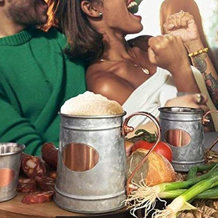 Galrose Galvanized Iron Beer Stein - Rose Gold Plaque 16 oz Stainless Steel Double Wall Beer Mug. 2 Rustic Moscow Mule Mugs with 2 Shot Glasses for Parties. Unique Gifts for Him 6th Iron Anniversary