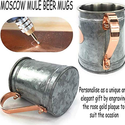 Galrose Galvanized Iron Beer Stein - Rose Gold Plaque 16 oz Stainless Steel Double Wall Beer Mug. 2 Rustic Moscow Mule Mugs with 2 Shot Glasses for Parties. Unique Gifts for Him 6th Iron Anniversary