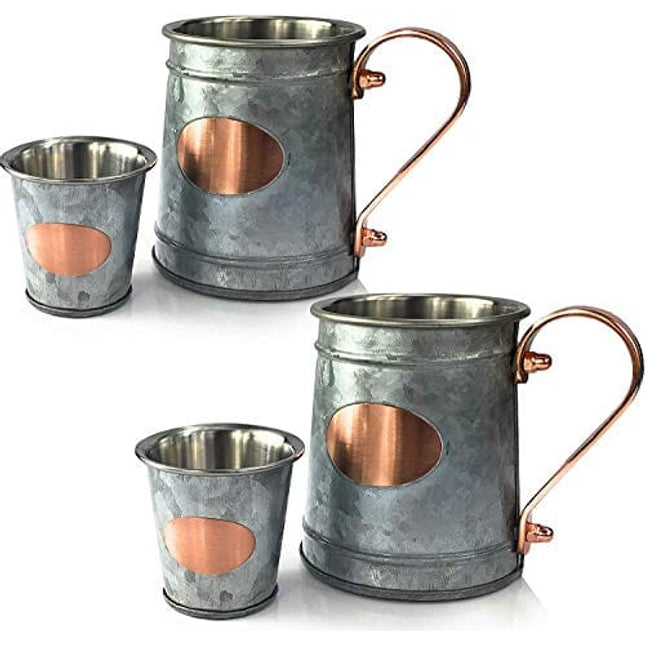 Galrose Galvanized Iron Beer Stein - Rose Gold Plaque 16 oz Stainless Steel Double Wall Beer Mug. 2 Rustic Moscow Mule Mugs with 2 Shot Glasses for Parties. Unique Gifts for Him 6th Iron Anniversary