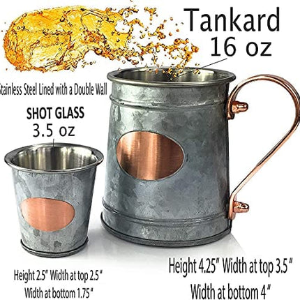 Galrose Galvanized Iron Beer Stein - Rose Gold Plaque 16 oz Stainless Steel Double Wall Beer Mug. 2 Rustic Moscow Mule Mugs with 2 Shot Glasses for Parties. Unique Gifts for Him 6th Iron Anniversary