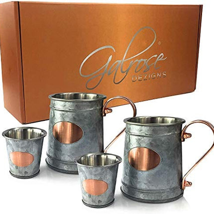 Galrose Galvanized Iron Beer Stein - Rose Gold Plaque 16 oz Stainless Steel Double Wall Beer Mug. 2 Rustic Moscow Mule Mugs with 2 Shot Glasses for Parties. Unique Gifts for Him 6th Iron Anniversary