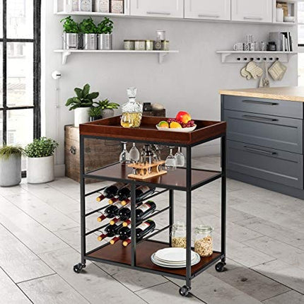 Giantex 3-Tier Kitchen Island Cart Rolling Trolley Industrial Style Serving Cart Utility Cart Wood Kitchen Stand with Glasses Holder and 9 Wine Bottles Rack Metal Frame and Castors (Rustic Brown)