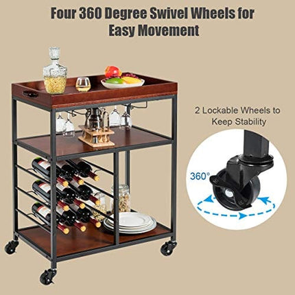 Giantex 3-Tier Kitchen Island Cart Rolling Trolley Industrial Style Serving Cart Utility Cart Wood Kitchen Stand with Glasses Holder and 9 Wine Bottles Rack Metal Frame and Castors (Rustic Brown)