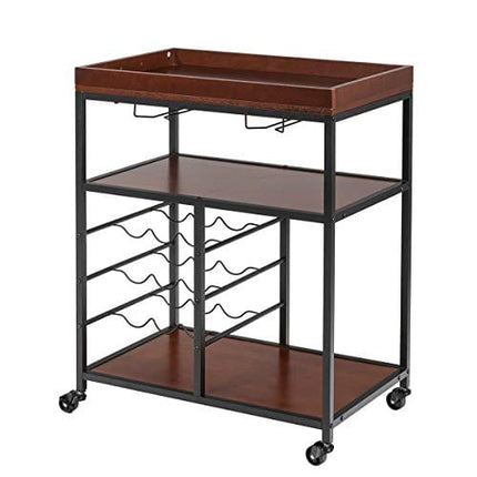 Giantex 3-Tier Kitchen Island Cart Rolling Trolley Industrial Style Serving Cart Utility Cart Wood Kitchen Stand with Glasses Holder and 9 Wine Bottles Rack Metal Frame and Castors (Rustic Brown)