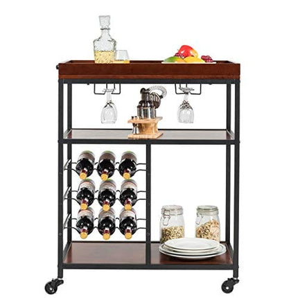 Giantex 3-Tier Kitchen Island Cart Rolling Trolley Industrial Style Serving Cart Utility Cart Wood Kitchen Stand with Glasses Holder and 9 Wine Bottles Rack Metal Frame and Castors (Rustic Brown)