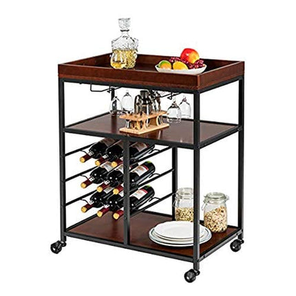 Giantex 3-Tier Kitchen Island Cart Rolling Trolley Industrial Style Serving Cart Utility Cart Wood Kitchen Stand with Glasses Holder and 9 Wine Bottles Rack Metal Frame and Castors (Rustic Brown)