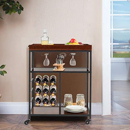 Giantex 3-Tier Kitchen Island Cart Rolling Trolley Industrial Style Serving Cart Utility Cart Wood Kitchen Stand with Glasses Holder and 9 Wine Bottles Rack Metal Frame and Castors (Rustic Brown)