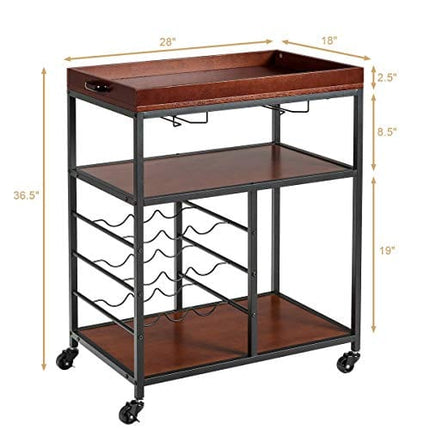 Giantex 3-Tier Kitchen Island Cart Rolling Trolley Industrial Style Serving Cart Utility Cart Wood Kitchen Stand with Glasses Holder and 9 Wine Bottles Rack Metal Frame and Castors (Rustic Brown)