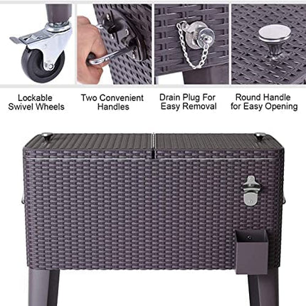 Giantex 80 Quart Rattan Rolling Cooler Cart Outdoor Patio Portable Party Drink Beverage Bar Cold Beach Chest Cart on Wheels, Brown Wicker, 32.7''(L) X18.9''(W) X43.3''(H)