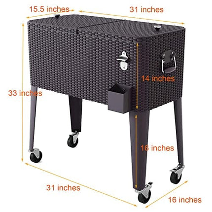 Giantex 80 Quart Rattan Rolling Cooler Cart Outdoor Patio Portable Party Drink Beverage Bar Cold Beach Chest Cart on Wheels, Brown Wicker, 32.7''(L) X18.9''(W) X43.3''(H)