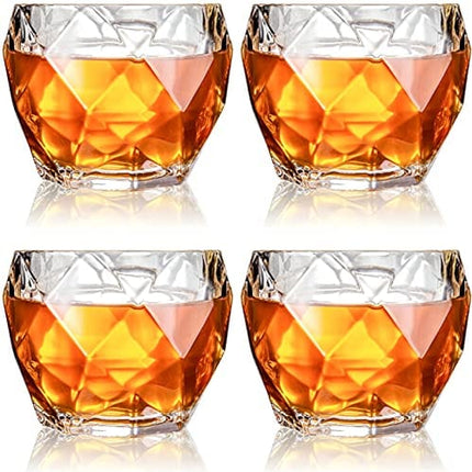 GLASKEY Unique Whiskey Glasses Set of 4, 12 oz Extra Wide Heavy Sturdy Scotch Glasses for Men, Diamond Look Lead-free Bourbon Glasses Fits Big Ice Ball (4 Pack, Clear)