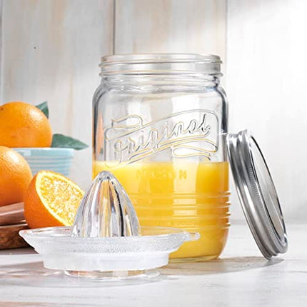 Mason Jar Glass Citrus Juicer with Stainless Steel Seal Lid 3-Piece Glavers Original Mason Glass 33.8 Oz. Canning Jar with Reamer and Lid - Lemon Juicer with Manual Squeezer, For Orange Juice, and Lemonade.