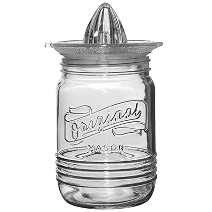 Mason Jar Glass Citrus Juicer with Stainless Steel Seal Lid 3-Piece Glavers Original Mason Glass 33.8 Oz. Canning Jar with Reamer and Lid - Lemon Juicer with Manual Squeezer, For Orange Juice, and Lemonade.