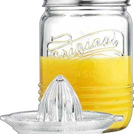 Mason Jar Glass Citrus Juicer with Stainless Steel Seal Lid 3-Piece Glavers Original Mason Glass 33.8 Oz. Canning Jar with Reamer and Lid - Lemon Juicer with Manual Squeezer, For Orange Juice, and Lemonade.